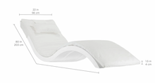 Load image into Gallery viewer, Woman relaxing on a white pool lounger with a waterproof cushion and headrest pillow designed for ultimate comfort.

