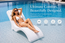 Load image into Gallery viewer, Premium pool lounger cushion with built-in headrest pillow on a white in-pool chaise lounge for luxury poolside comfort
